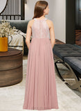 Macy A-Line Scoop Neck Floor-Length Chiffon Lace Junior Bridesmaid Dress With Sequins UKP0013655