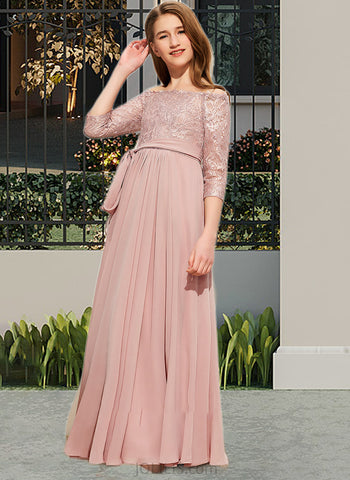 Paityn A-Line Off-the-Shoulder Floor-Length Chiffon Lace Junior Bridesmaid Dress With Bow(s) UKP0013658