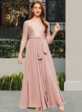 Paityn A-Line Off-the-Shoulder Floor-Length Chiffon Lace Junior Bridesmaid Dress With Bow(s) UKP0013658