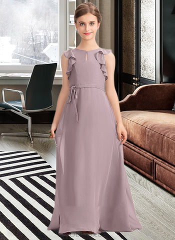 Estrella A-Line Scoop Neck Floor-Length Chiffon Junior Bridesmaid Dress With Bow(s) Cascading Ruffles UKP0013659