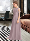 Estrella A-Line Scoop Neck Floor-Length Chiffon Junior Bridesmaid Dress With Bow(s) Cascading Ruffles UKP0013659