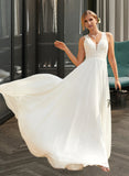 Giselle A-Line V-neck Sweep Train Chiffon Lace Wedding Dress With Lace UKP0013677