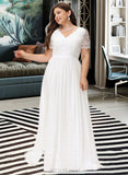 Carlee A-Line V-neck Floor-Length Chiffon Lace Wedding Dress UKP0013678