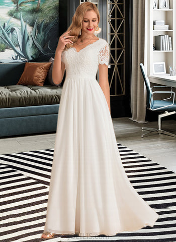 Carlee A-Line V-neck Floor-Length Chiffon Lace Wedding Dress UKP0013678