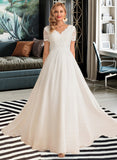 Carlee A-Line V-neck Floor-Length Chiffon Lace Wedding Dress UKP0013678