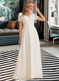 Carlee A-Line V-neck Floor-Length Chiffon Lace Wedding Dress UKP0013678