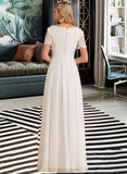 Carlee A-Line V-neck Floor-Length Chiffon Lace Wedding Dress UKP0013678