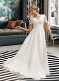 Carlee A-Line V-neck Floor-Length Chiffon Lace Wedding Dress UKP0013678