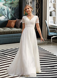 Carlee A-Line V-neck Floor-Length Chiffon Lace Wedding Dress UKP0013678