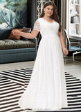 Carlee A-Line V-neck Floor-Length Chiffon Lace Wedding Dress UKP0013678