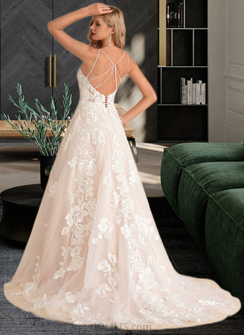 Krista Ball-Gown/Princess V-neck Court Train Tulle Lace Wedding Dress With Beading Pockets UKP0013679