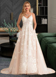 Krista Ball-Gown/Princess V-neck Court Train Tulle Lace Wedding Dress With Beading Pockets UKP0013679