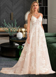 Krista Ball-Gown/Princess V-neck Court Train Tulle Lace Wedding Dress With Beading Pockets UKP0013679