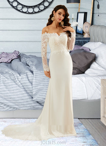 Yvonne Trumpet/Mermaid Off-the-Shoulder Court Train Wedding Dress With Lace UKP0013680