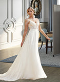 Mylee A-Line V-neck Sweep Train Chiffon Lace Wedding Dress With Beading Sequins UKP0013681