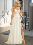 Mylee A-Line V-neck Sweep Train Chiffon Lace Wedding Dress With Beading Sequins UKP0013681