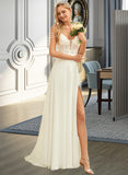 Mylee A-Line V-neck Sweep Train Chiffon Lace Wedding Dress With Beading Sequins UKP0013681