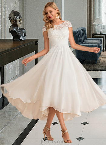 Kay A-Line Scoop Neck Asymmetrical Chiffon Wedding Dress UKP0013683