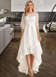 Donna A-Line Scoop Neck Asymmetrical Satin Lace Wedding Dress UKP0013684