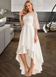 Donna A-Line Scoop Neck Asymmetrical Satin Lace Wedding Dress UKP0013684