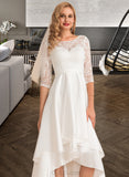 Donna A-Line Scoop Neck Asymmetrical Satin Lace Wedding Dress UKP0013684