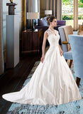 Blanche Ball-Gown/Princess V-neck Court Train Satin Lace Wedding Dress With Ruffle UKP0013688