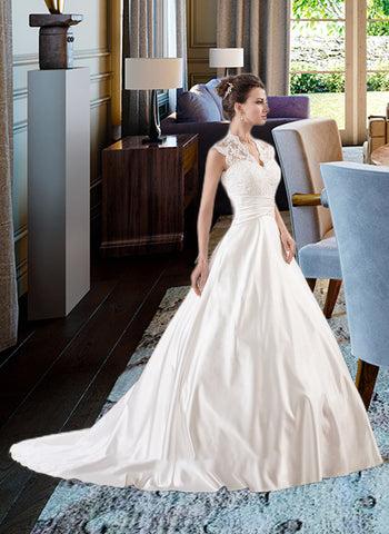 Blanche Ball-Gown/Princess V-neck Court Train Satin Lace Wedding Dress With Ruffle UKP0013688