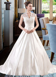 Blanche Ball-Gown/Princess V-neck Court Train Satin Lace Wedding Dress With Ruffle UKP0013688