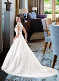 Blanche Ball-Gown/Princess V-neck Court Train Satin Lace Wedding Dress With Ruffle UKP0013688