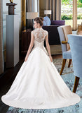 Blanche Ball-Gown/Princess V-neck Court Train Satin Lace Wedding Dress With Ruffle UKP0013688