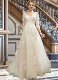 Nyla A-Line V-neck Court Train Wedding Dress With Sequins UKP0013690