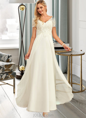 Shannon A-Line V-neck Floor-Length Chiffon Lace Wedding Dress With Lace UKP0013691