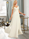 Shannon A-Line V-neck Floor-Length Chiffon Lace Wedding Dress With Lace UKP0013691