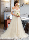 Monique Ball-Gown/Princess Off-the-Shoulder Court Train Tulle Lace Wedding Dress With Ruffle UKP0013692