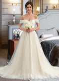 Monique Ball-Gown/Princess Off-the-Shoulder Court Train Tulle Lace Wedding Dress With Ruffle UKP0013692