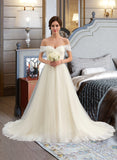 Monique Ball-Gown/Princess Off-the-Shoulder Court Train Tulle Lace Wedding Dress With Ruffle UKP0013692