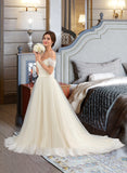 Monique Ball-Gown/Princess Off-the-Shoulder Court Train Tulle Lace Wedding Dress With Ruffle UKP0013692