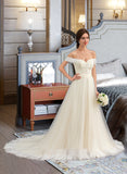 Monique Ball-Gown/Princess Off-the-Shoulder Court Train Tulle Lace Wedding Dress With Ruffle UKP0013692