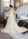 Monique Ball-Gown/Princess Off-the-Shoulder Court Train Tulle Lace Wedding Dress With Ruffle UKP0013692