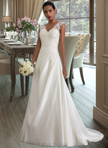 Celeste Ball-Gown/Princess V-neck Sweep Train Satin Wedding Dress With Ruffle Beading Sequins UKP0013693