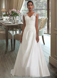 Celeste Ball-Gown/Princess V-neck Sweep Train Satin Wedding Dress With Ruffle Beading Sequins UKP0013693