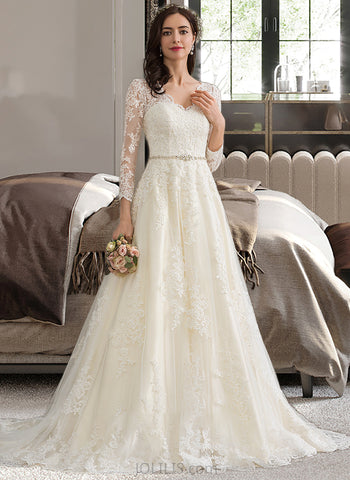 Christina Ball-Gown/Princess V-neck Chapel Train Tulle Wedding Dress With Beading Sequins UKP0013695