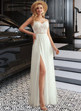 Lydia A-Line V-neck Floor-Length Wedding Dress With Beading Split Front UKP0013697