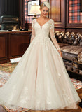 Kathleen Ball-Gown/Princess V-neck Sweep Train Tulle Lace Wedding Dress UKP0013698