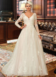 Kathleen Ball-Gown/Princess V-neck Sweep Train Tulle Lace Wedding Dress UKP0013698