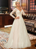 Kathleen Ball-Gown/Princess V-neck Sweep Train Tulle Lace Wedding Dress UKP0013698