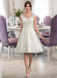 Regan A-Line V-neck Knee-Length Tulle Lace Wedding Dress UKP0013700