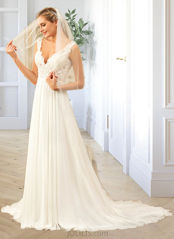 Leilani A-Line V-neck Court Train Chiffon Wedding Dress UKP0013701