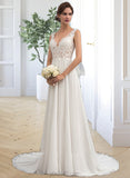 Leilani A-Line V-neck Court Train Chiffon Wedding Dress UKP0013701