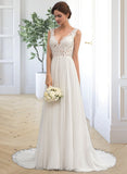 Leilani A-Line V-neck Court Train Chiffon Wedding Dress UKP0013701